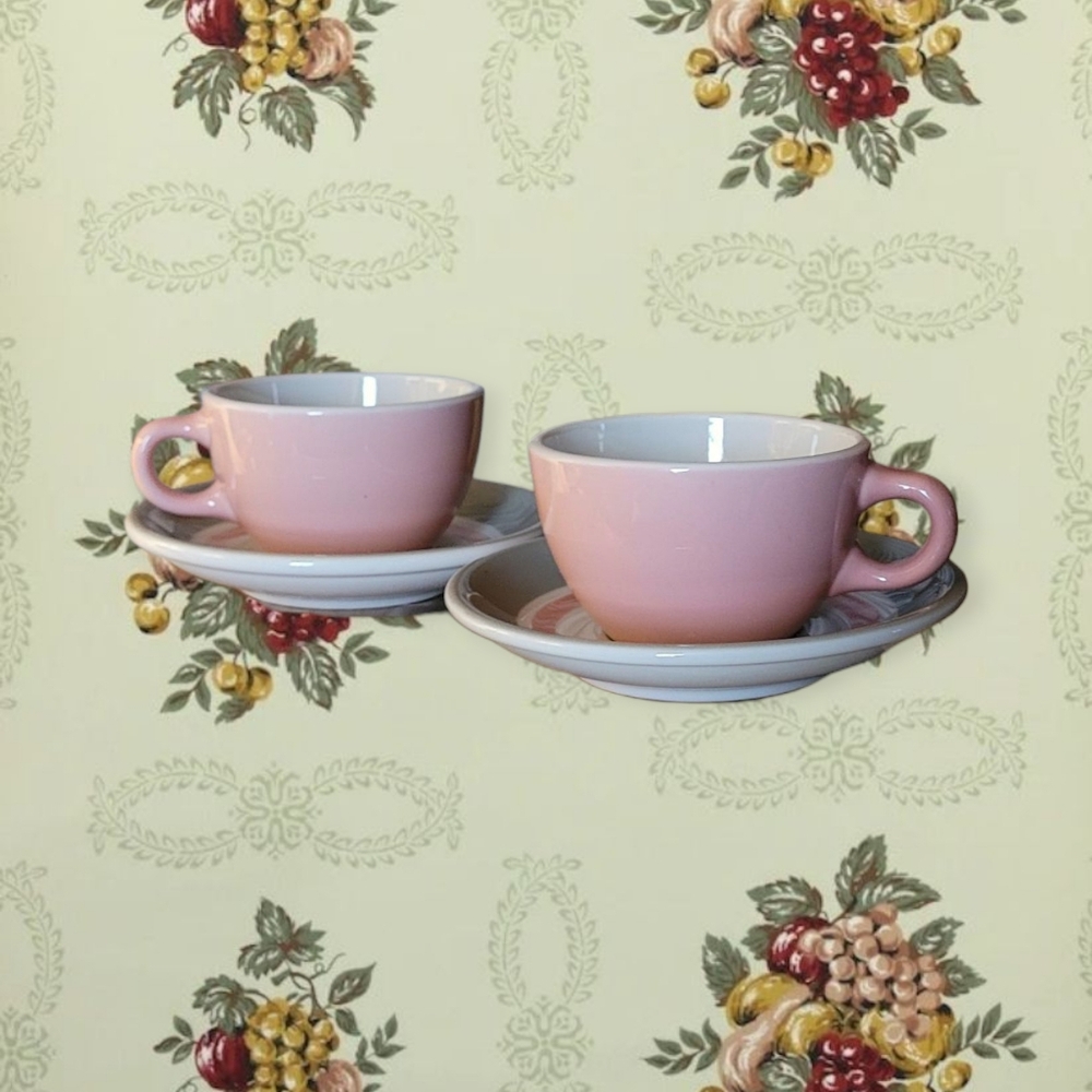 Vintage Shenango China Restaurant Ware Gray Pink Bands Set of 2 Cups & Saucers
